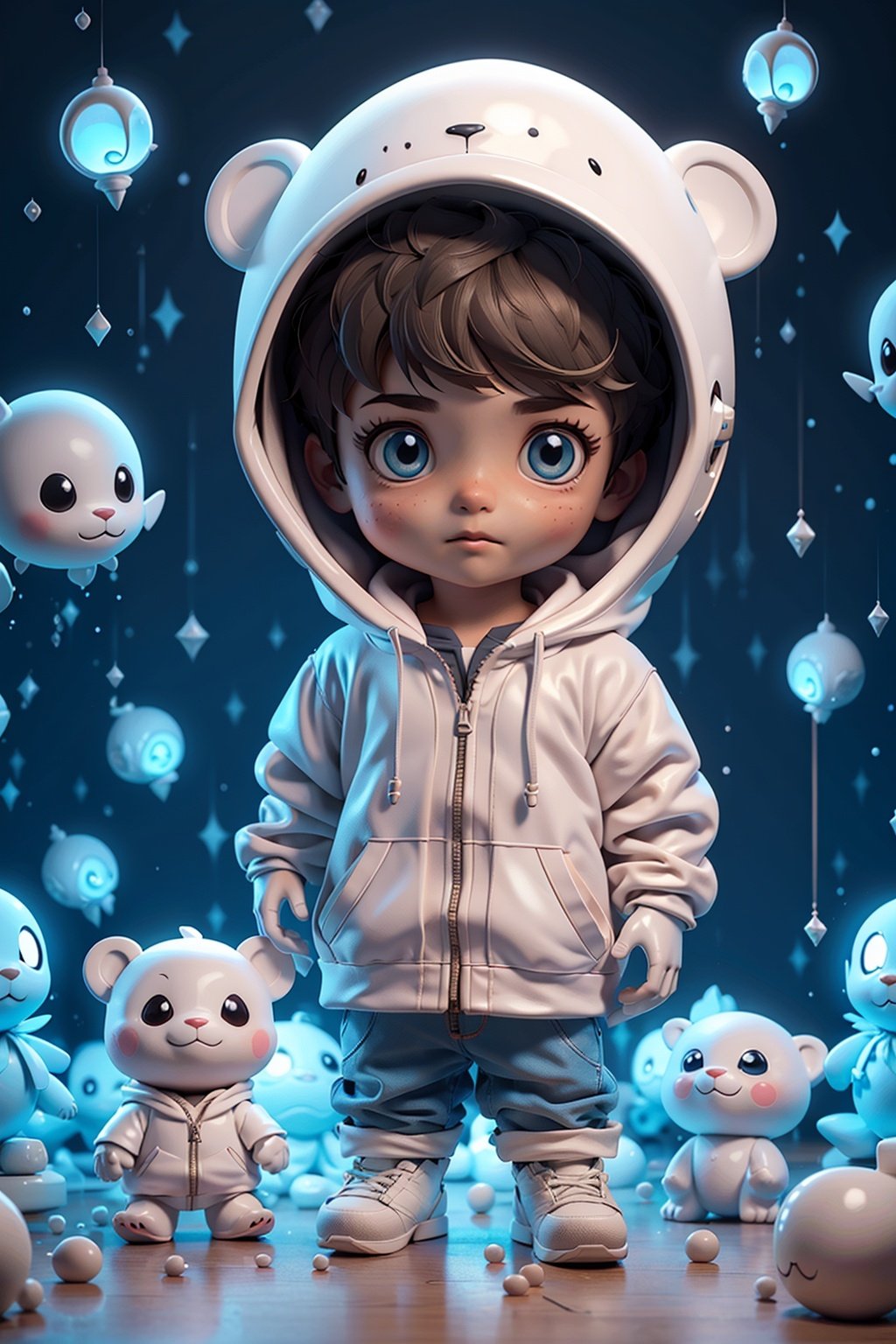 bubble,pokemon_\(creature\),stuffed_toy,stuffed_animal,1boy,male_focus,hood,blurry,air_bubble,blue_eyes,jellyfish,hoodie,seal_\(animal\),ghost,?,teddy_bear,depth_of_field