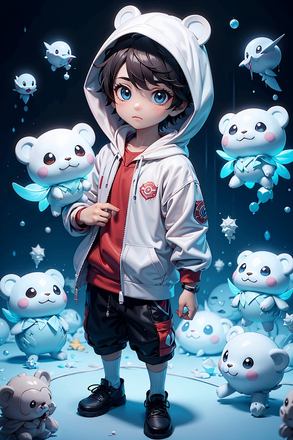 bubble,pokemon_\(creature\),stuffed_toy,stuffed_animal,1boy,male_focus,hood,blurry,air_bubble,blue_eyes,jellyfish,hoodie,seal_\(animal\),ghost,?,teddy_bear,depth_of_field