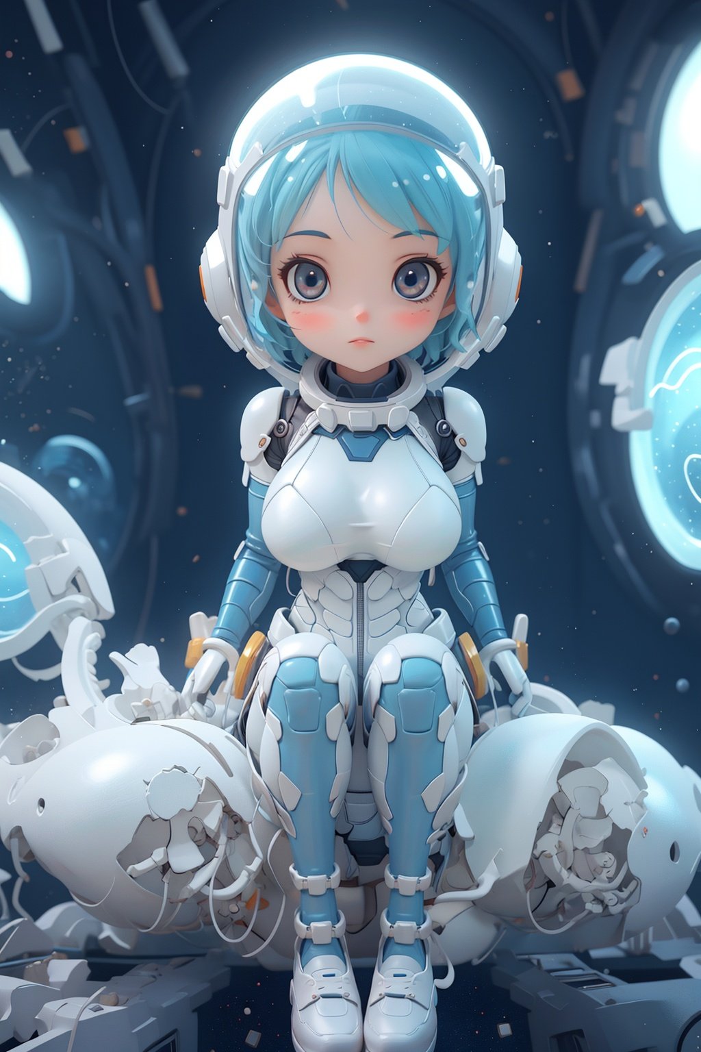 masterpiece, best quality, 1girl, translucent skin, Blue, bodysuit, mechanical, cowboy shot, space, sitting, from above, large breasts, bone,（Spacesuit：1.5） White,Pixar