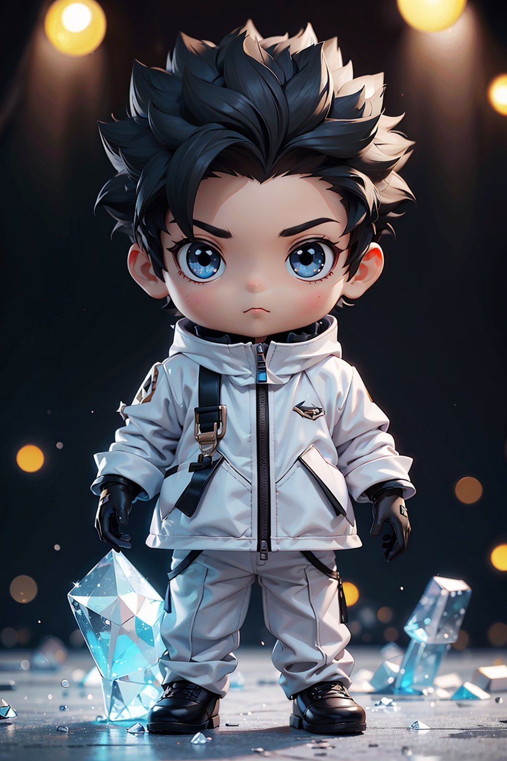 spiked_hair,solo,black_hair,gloves,ice,1boy