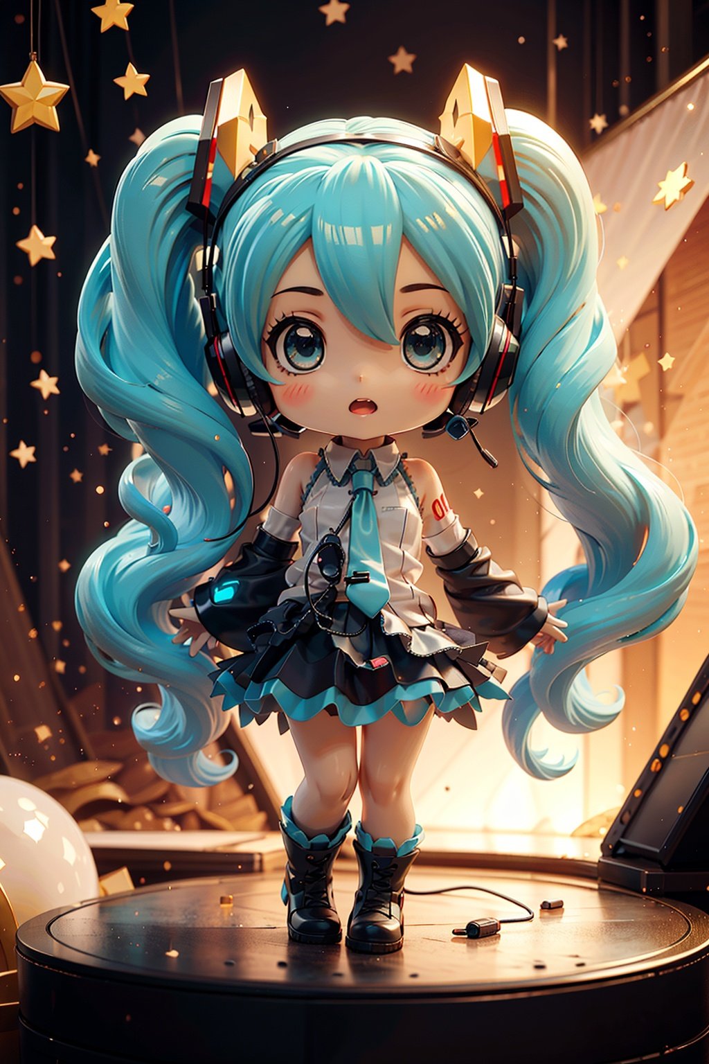 long_hair,1girl,solo,hatsune_miku,headphones,very_long_hair,twintails,aqua_eyes,headset,aqua_hair,chibi,skirt,detached_sleeves,open_mouth