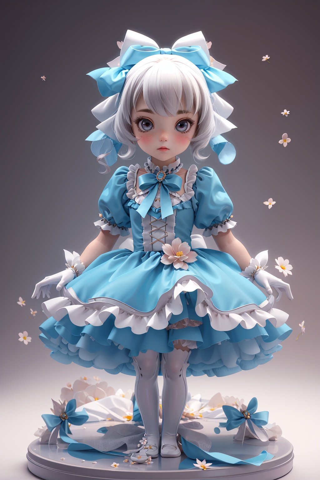 qzclothesdesign, dress, 1girl, frills, frilled dress, bow, blue dress, lolita fashion, puffy sleeves, solo, blue bow, gloves, jewelry, gem, short sleeves, layered dress, flower, puffy short sleeves, white gloves, three visions