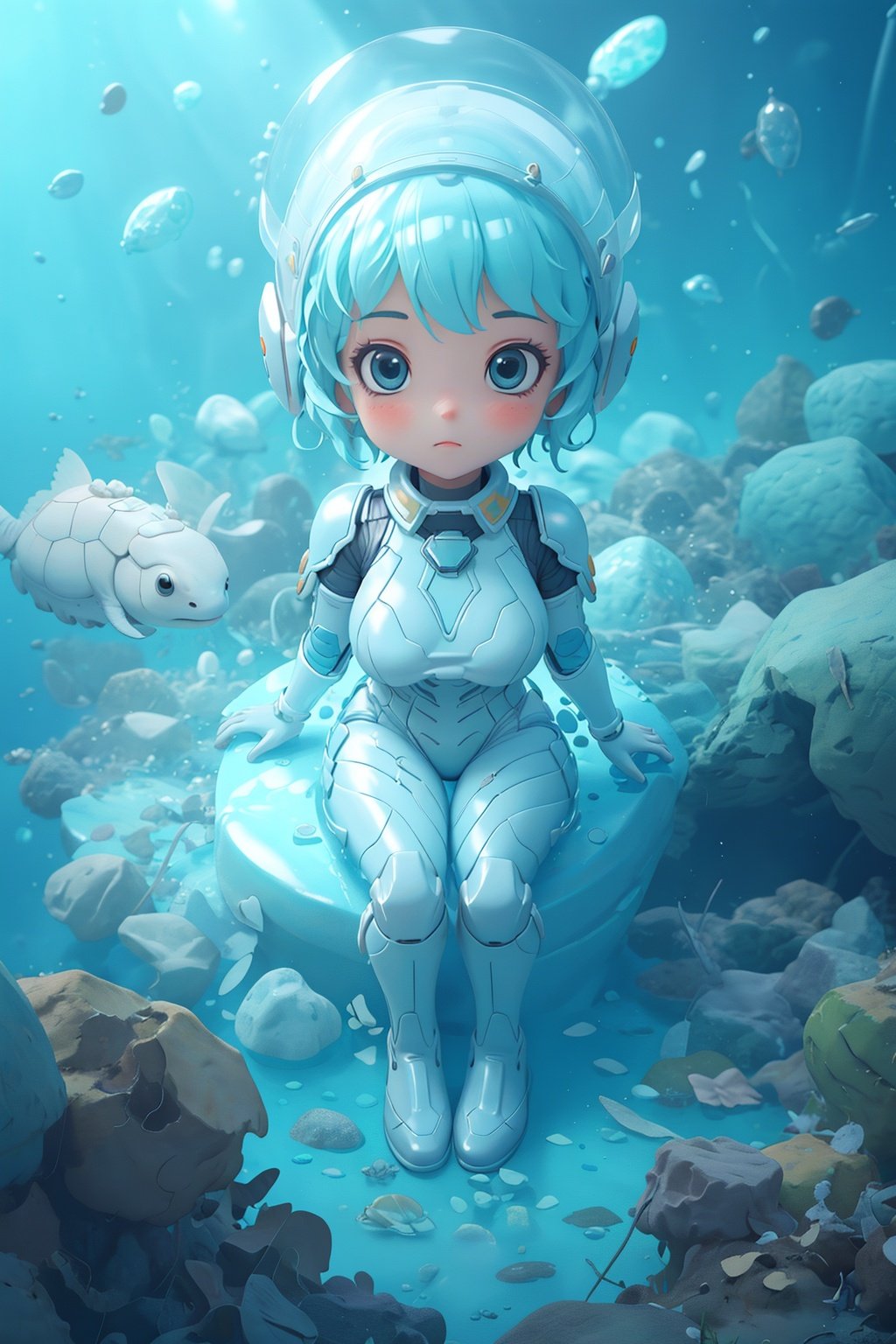 underwater world, fish, sea turtle, Atlantis, masterpiece, 1girl, translucent skin, Blue, bodysuit, mechanical, space, sitting, large breasts, bone, （Spacesuit：1.5） White, cowboy shot, from above, Pixar, best quality