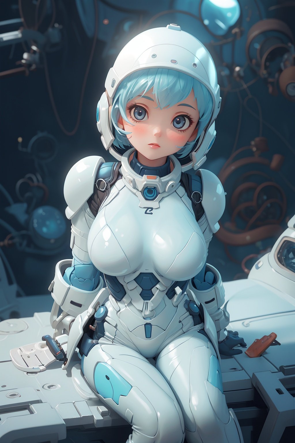 masterpiece, best quality, 1girl, translucent skin, Blue, bodysuit, mechanical, cowboy shot, space, sitting, from above, large breasts, bone,（Spacesuit：1.5） White,Pixar