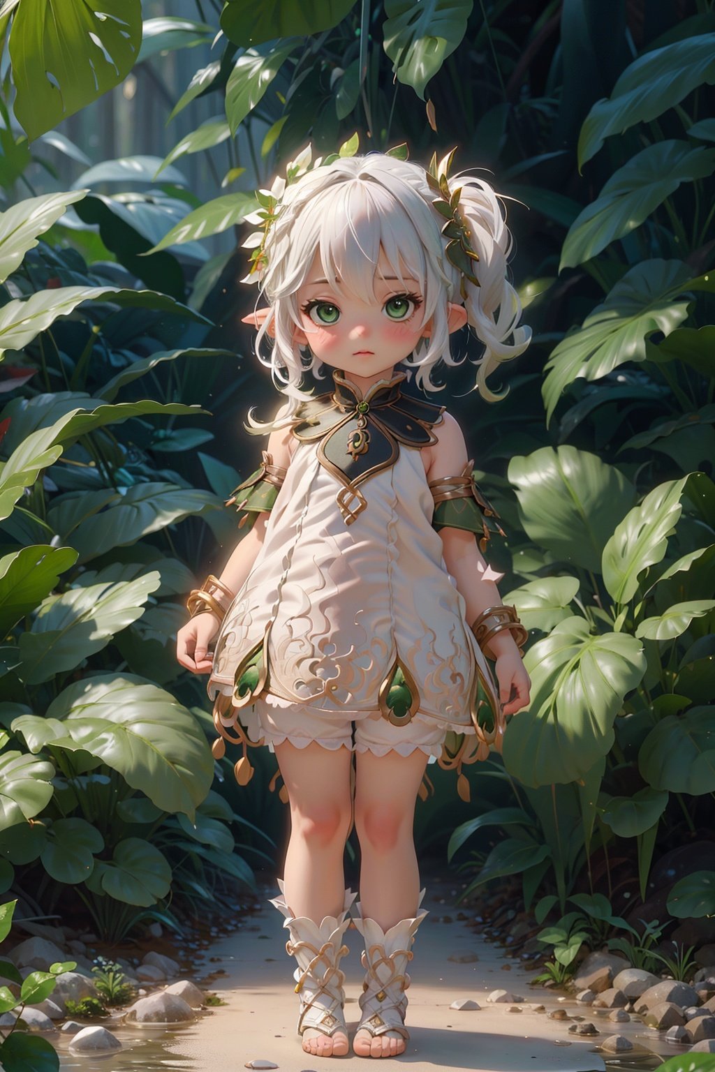 detailed illustration, kus****i,kid, white hair,white dress, green eyes,hair ornament, blush, full body, scenery, jungle ,32,高清, , 