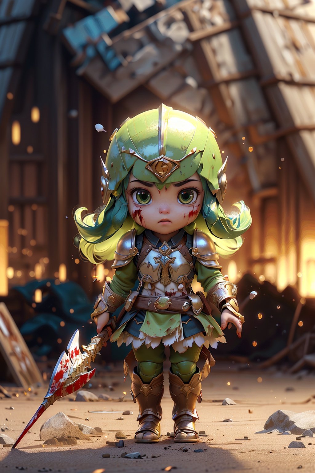 (pov), solo, nephenee fe, green long hair, green eyes, skirt, thigh band, helmet, armor, breastplate, torn clothes, weapon, right hand spear, large round shield on left hand, holding, holding weapon, multiple pose, multiple focus, (medieval fantasy-style outdoors, drive away with attacks, extreme attack, miracle attack, blood splatter), (art cg, ultra-detailed, best quality, illustration, particle lighting, unity 8k wallpaper, beautiful detailed glow, an extremely delicate and beautiful:1.3), gleaming skin, shiny hair, detailed and delicate costumes,(solo:1.55)