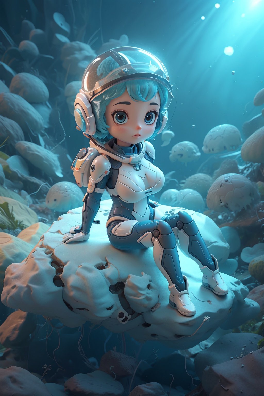 underwater world, fish, sea turtle, Atlantis, masterpiece, 1girl, translucent skin, Blue, bodysuit, mechanical, space, sitting, large breasts, bone, （Spacesuit：1.5） White, cowboy shot, from above, Pixar, best quality