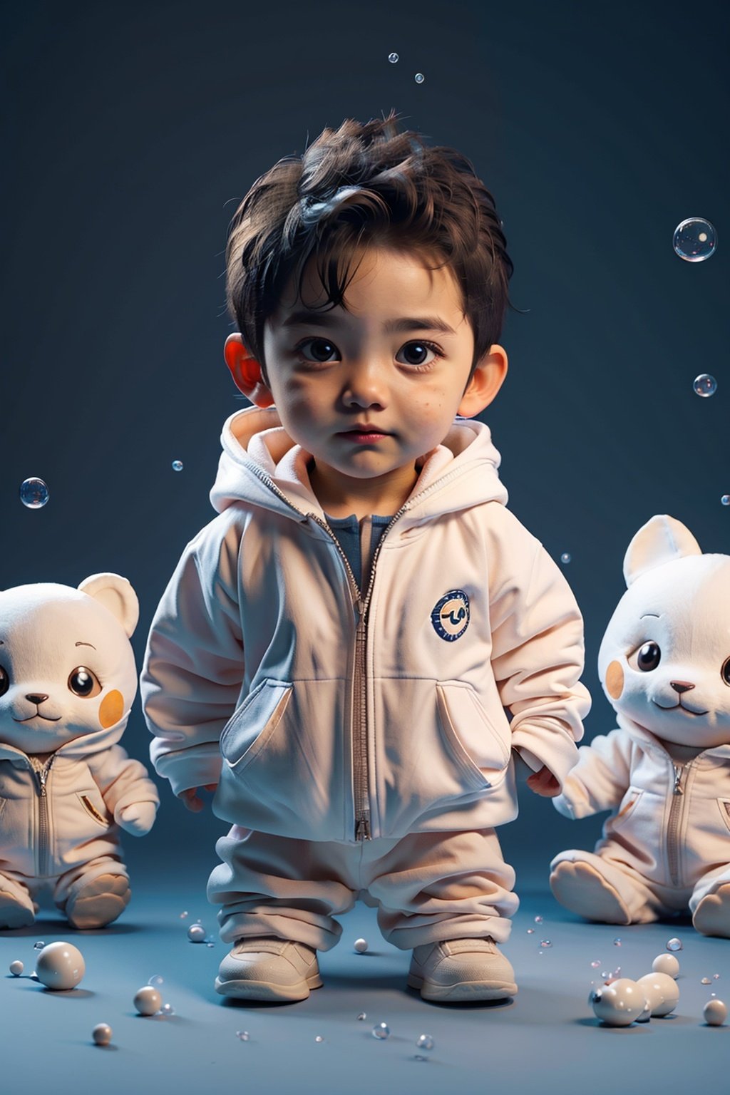 bubble,pokemon_\(creature\),stuffed_toy,stuffed_animal,1boy,male_focus,hood,blurry,air_bubble,blue_eyes,jellyfish,hoodie,seal_\(animal\),ghost,?,teddy_bear,depth_of_field