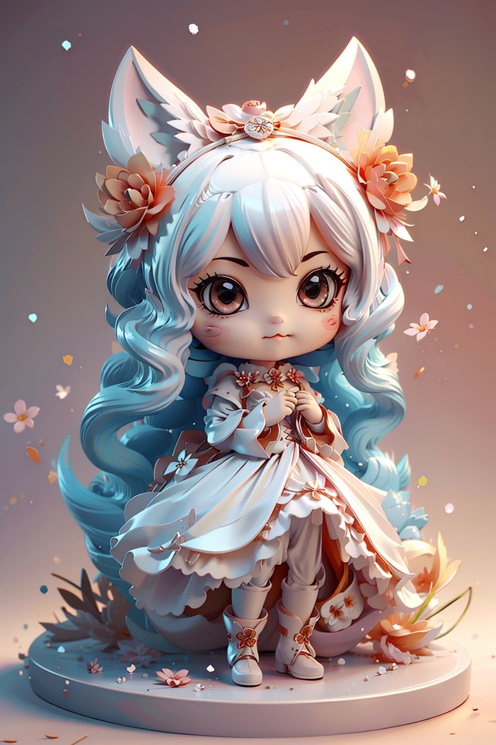 1girl,solo,dress,hair_ornament,chibi,long_hair,animal_ears,white_hair,white_dress,flower