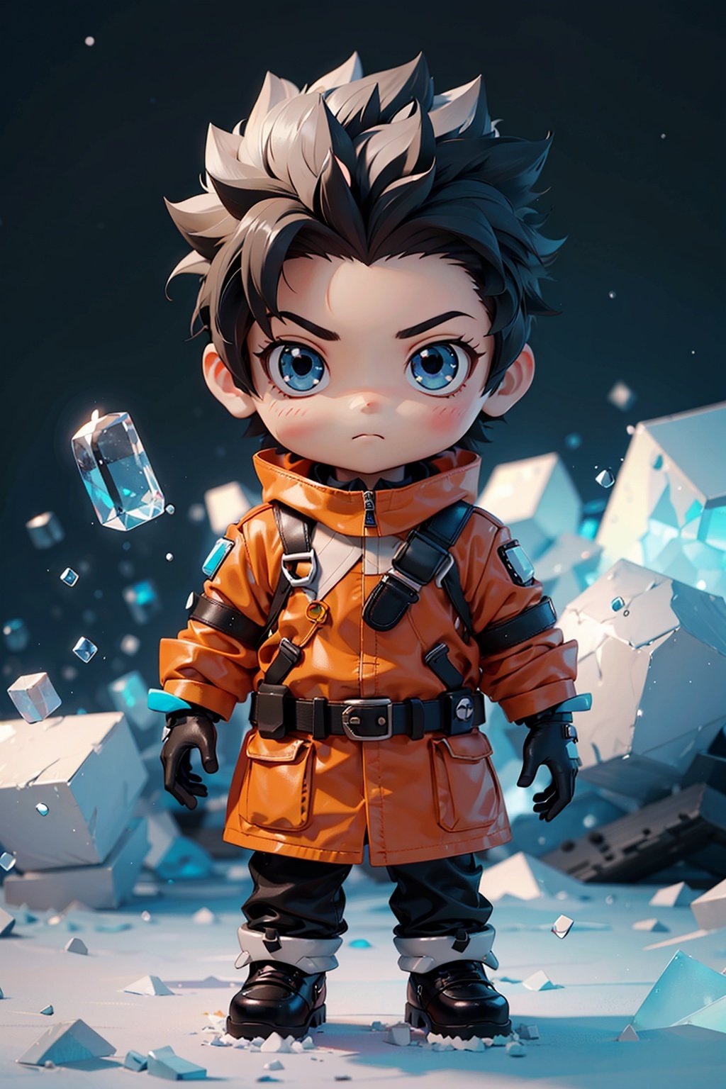 spiked_hair,solo,black_hair,gloves,ice,1boy