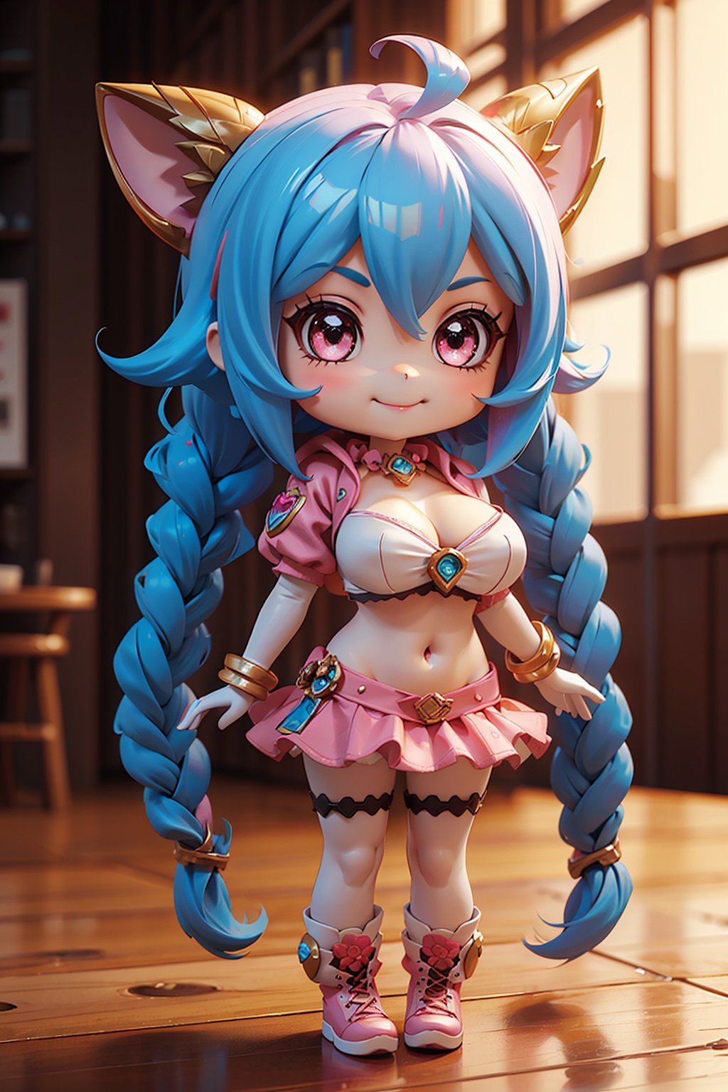 1girl,jinx_\(league_of_legends\),braid,chibi,long_hair,blue_hair,solo,twin_braids,very_long_hair,smile,navel,jewelry,huge_ahoge,standing,breasts,full_body,pink_eyes