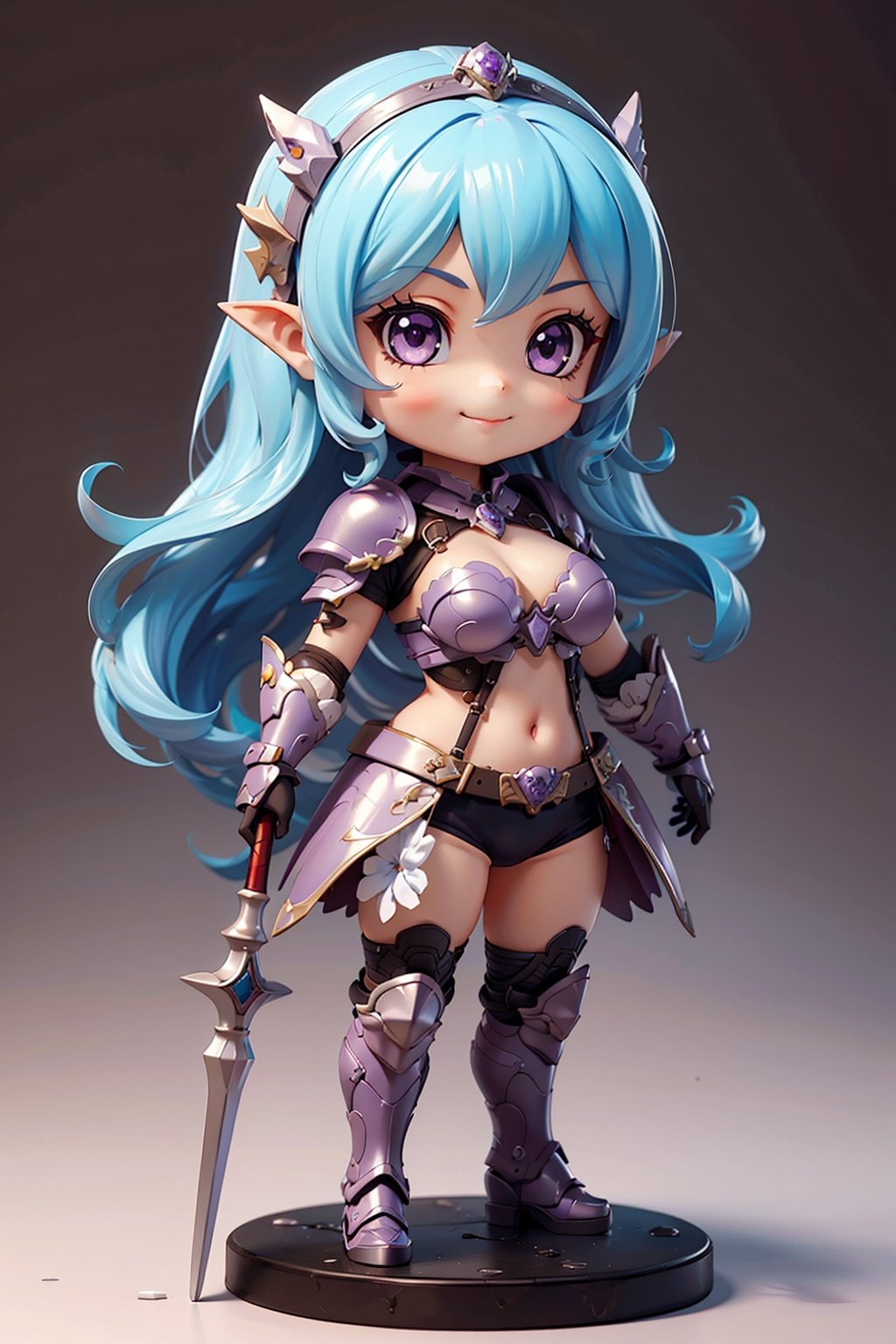 1girl,solo,long_hair,armor,chibi,holding,breasts,purple_eyes,smile,weapon,very_long_hair