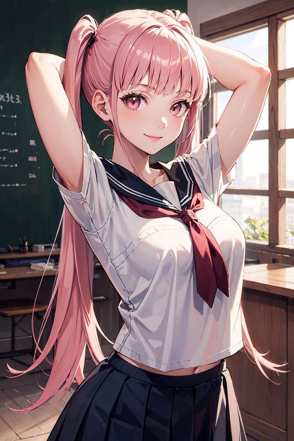 hilda_valentine_goneril, 1girl, pink hair, long hair, pink eyes, twintails,  <lora:hilda-03:0.8>, facing viewer, smile, school uniform, serafuku, pleated skirt, mature female, arms up, arms behind head, 