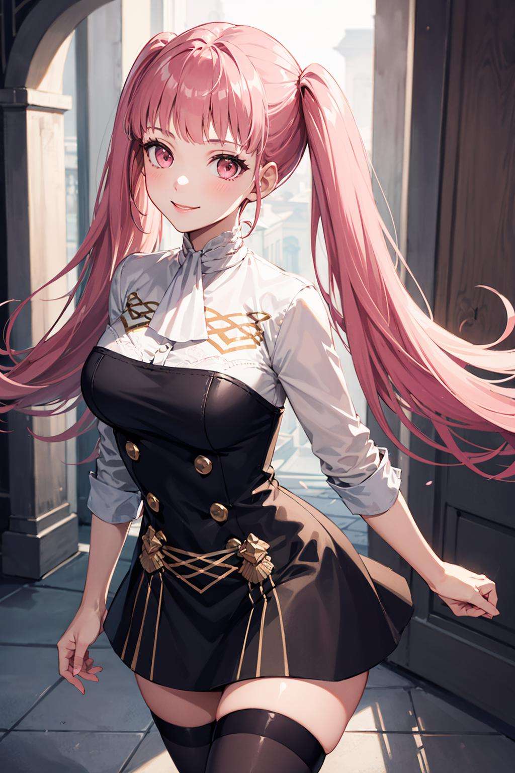 hilda_valentine_goneril, 1girl, pink hair, long hair, pink eyes, twintails, garreg mach monastery uniform, uniform , jewelry , thighhighs , zettai ryouiki,  <lora:hilda-03:1>, facing viewer, smile, 