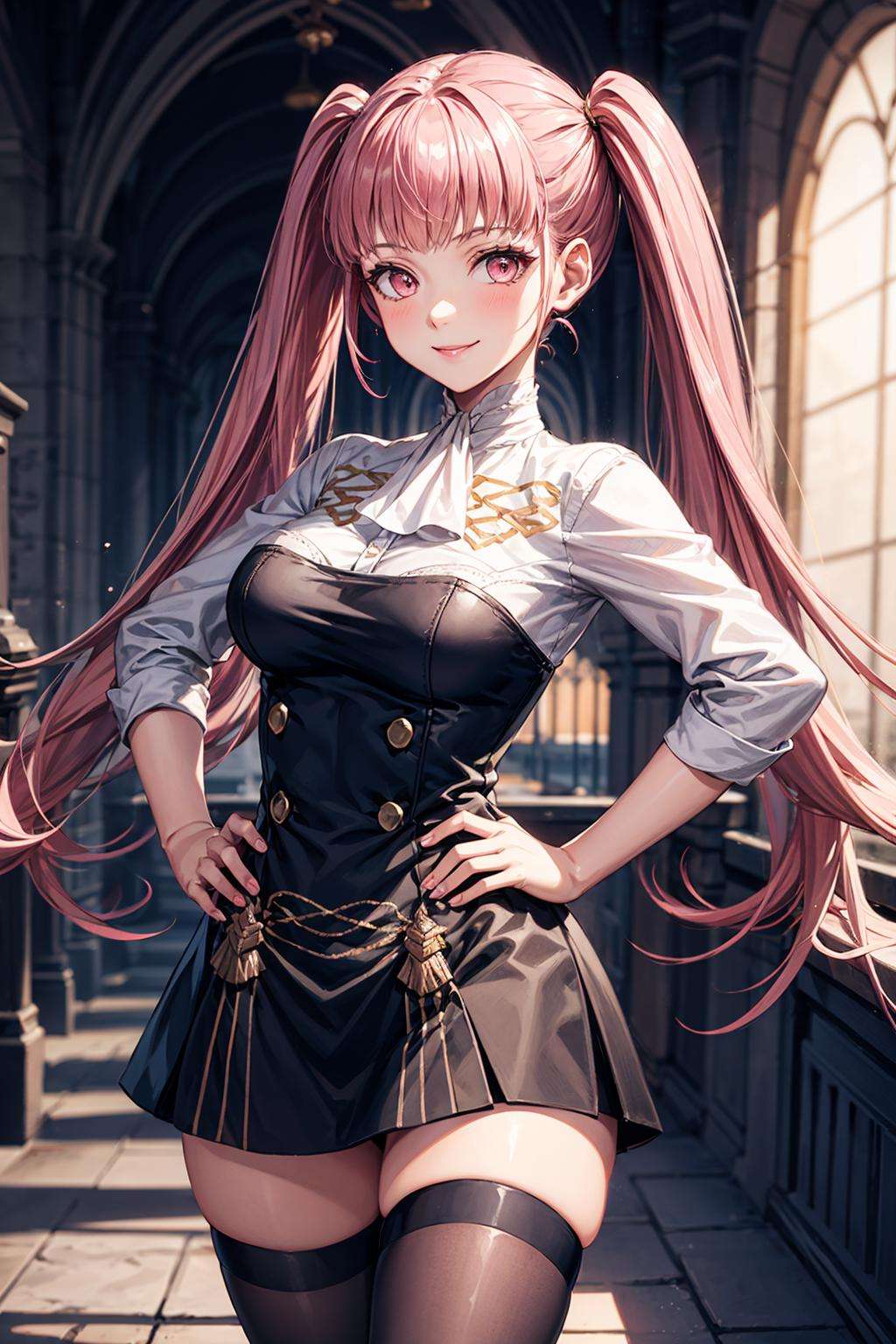 hilda_valentine_goneril, 1girl, pink hair, long hair, pink eyes, twintails, garreg mach monastery uniform, uniform , jewelry , thighhighs , zettai ryouiki,  <lora:hilda-03:1>, facing viewer, smile, hand on hip <lora:add_detail:0.7>