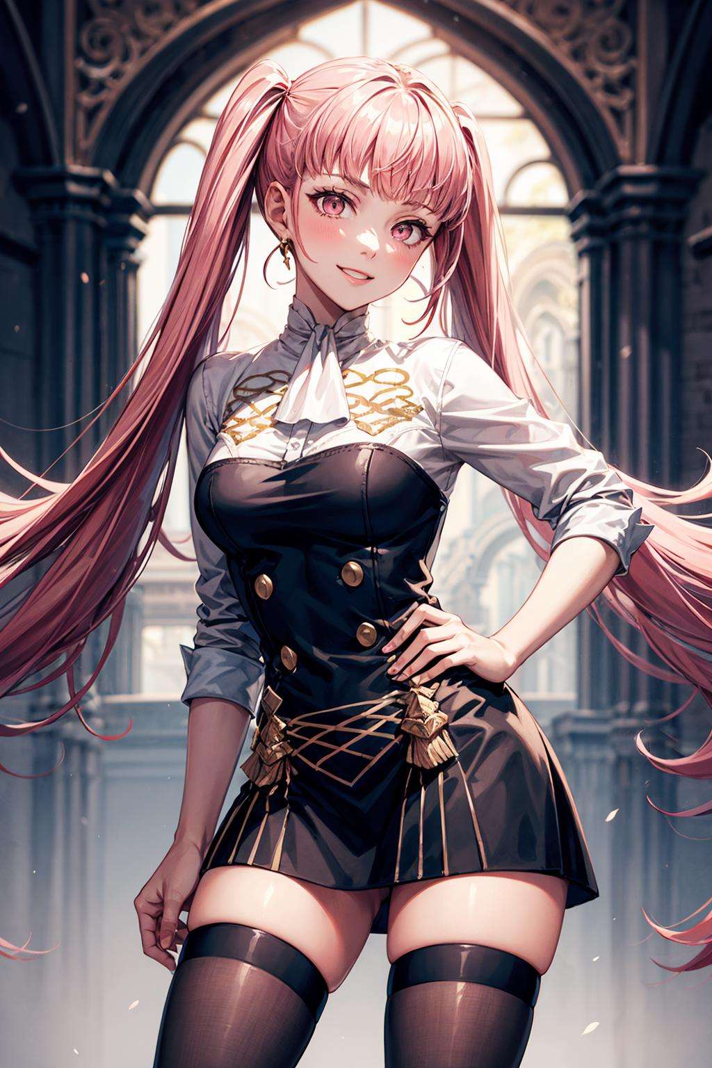 hilda_valentine_goneril, 1girl, pink hair, long hair, pink eyes, twintails, garreg mach monastery uniform, uniform , jewelry , thighhighs , zettai ryouiki,  <lora:hilda-03:1>, facing viewer, smile, hand on hip <lora:add_detail:0.7>