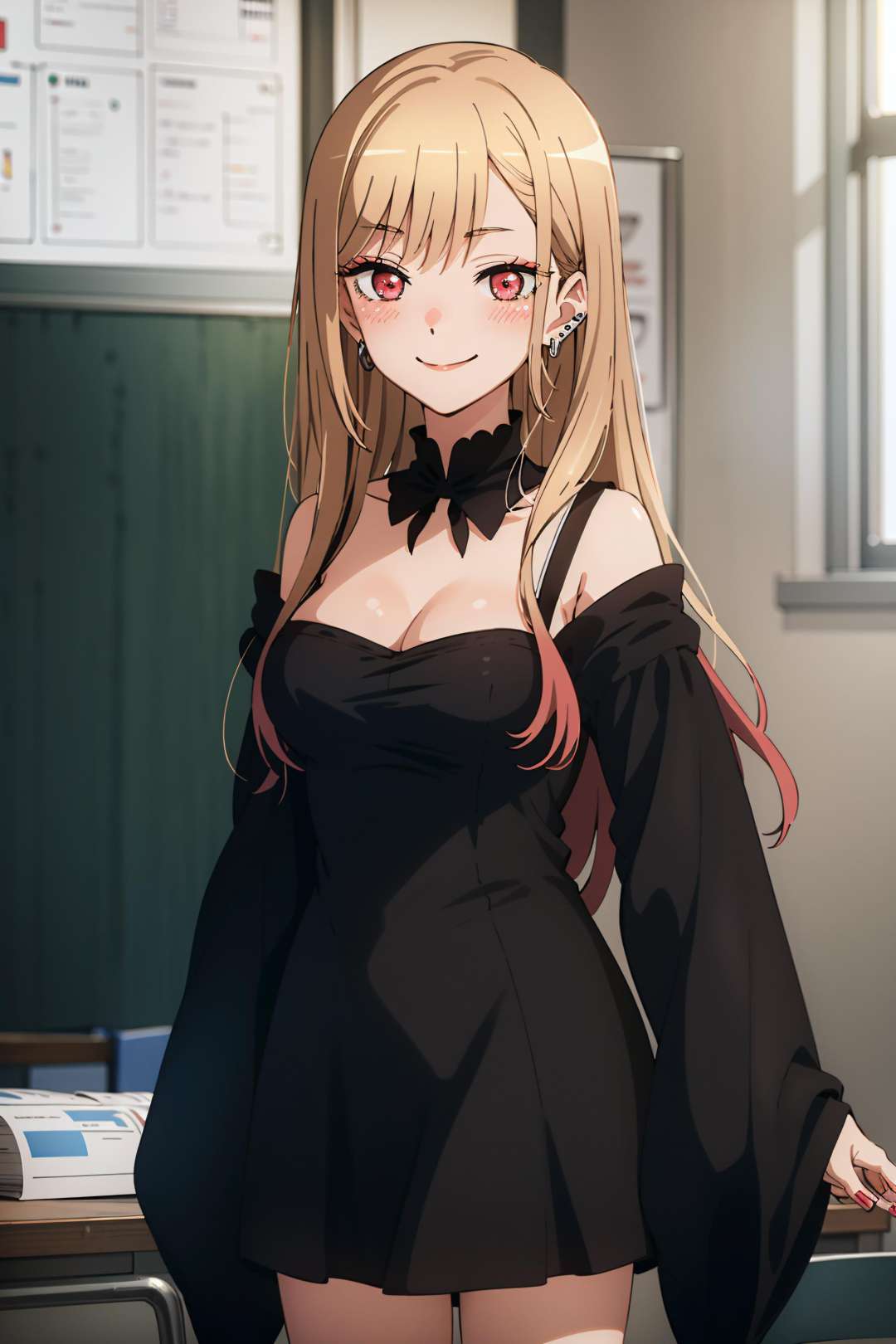 best quality, (masterpiece:1.2), detailed,<lora:chara_SonoBisqueDoll_KitagawaMarin_v1:0.8>, kitagawa marin sb,1girl, solo, closed mouth, smile, blush,long hair, blonde hair, red eyes, multicolored hair, earrings,black dress, long sleeves, wide sleeves, off shoulder, medium breasts, cleavage, detached collar, black collar,standing, looking at the viewer,classroom