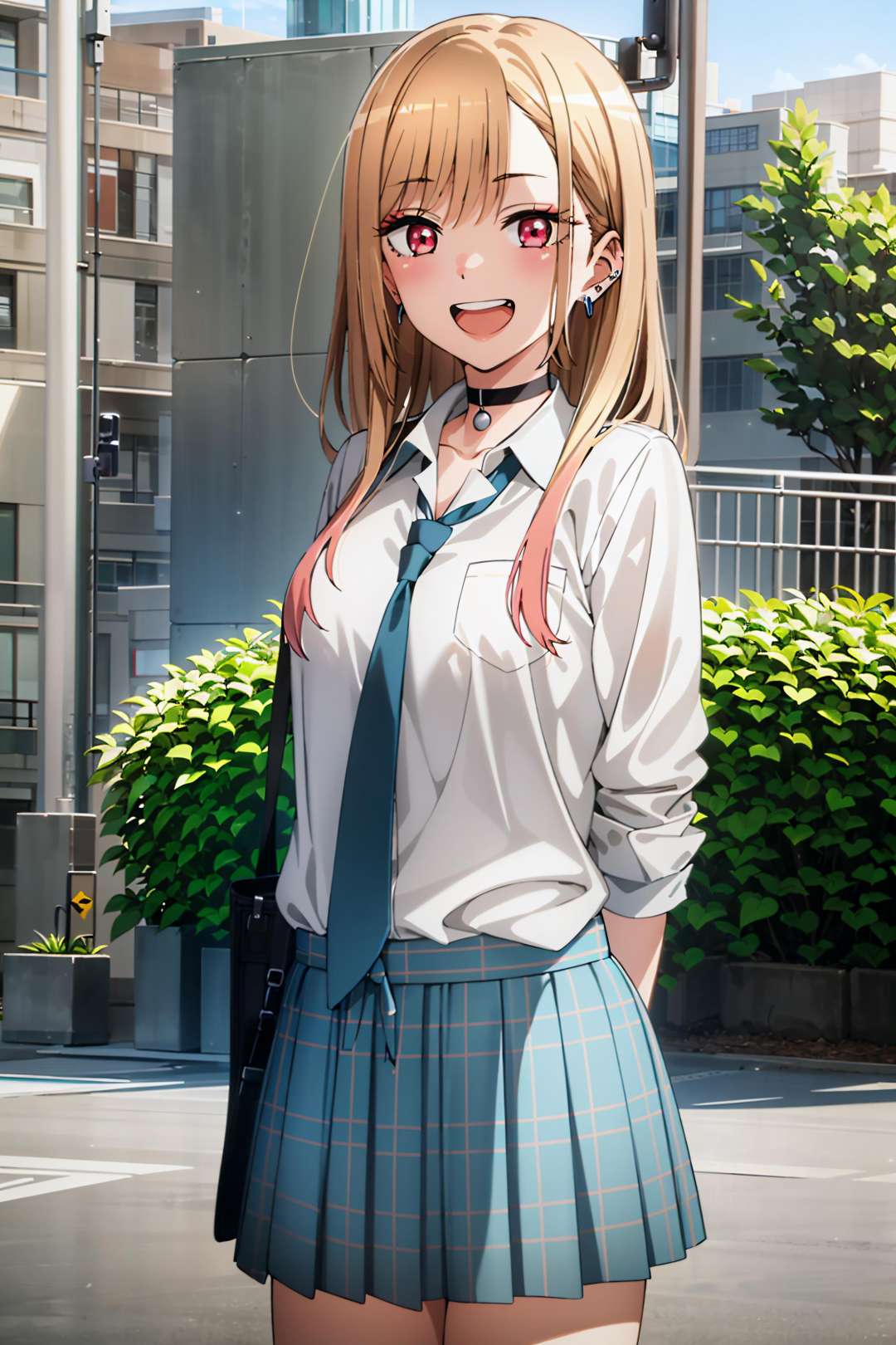 best quality, (masterpiece:1.2), detailed,<lora:chara_SonoBisqueDoll_KitagawaMarin_v1:0.8>, kitagawa marin sb,1girl, solo, open mouth, grin, smile,long hair, blonde hair, red eyes, multicolored hair, earrings,school uniform, choker, white shirt, pleated skirt, blue skirt, blue necktie,standing, looking at the viewer,outdoors