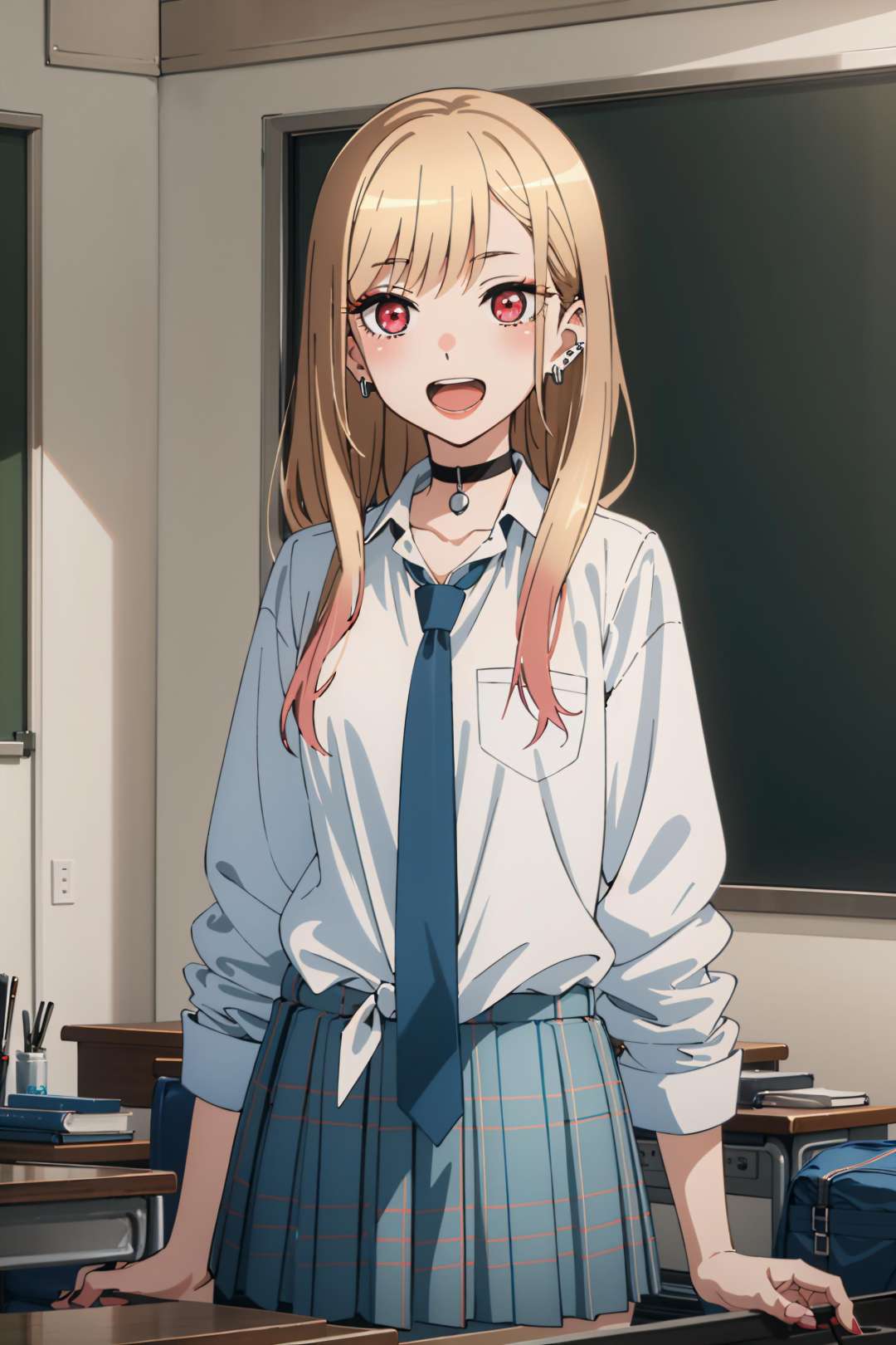 best quality, (masterpiece:1.2), detailed,<lora:chara_SonoBisqueDoll_KitagawaMarin_v1:0.8>, kitagawa marin sb,1girl, solo, open mouth, smile, teeth,long hair, blonde hair, red eyes, multicolored hair, earrings,school uniform, choker, white shirt, pleated skirt, blue skirt, blue necktie,standing, looking at the viewer,classroom