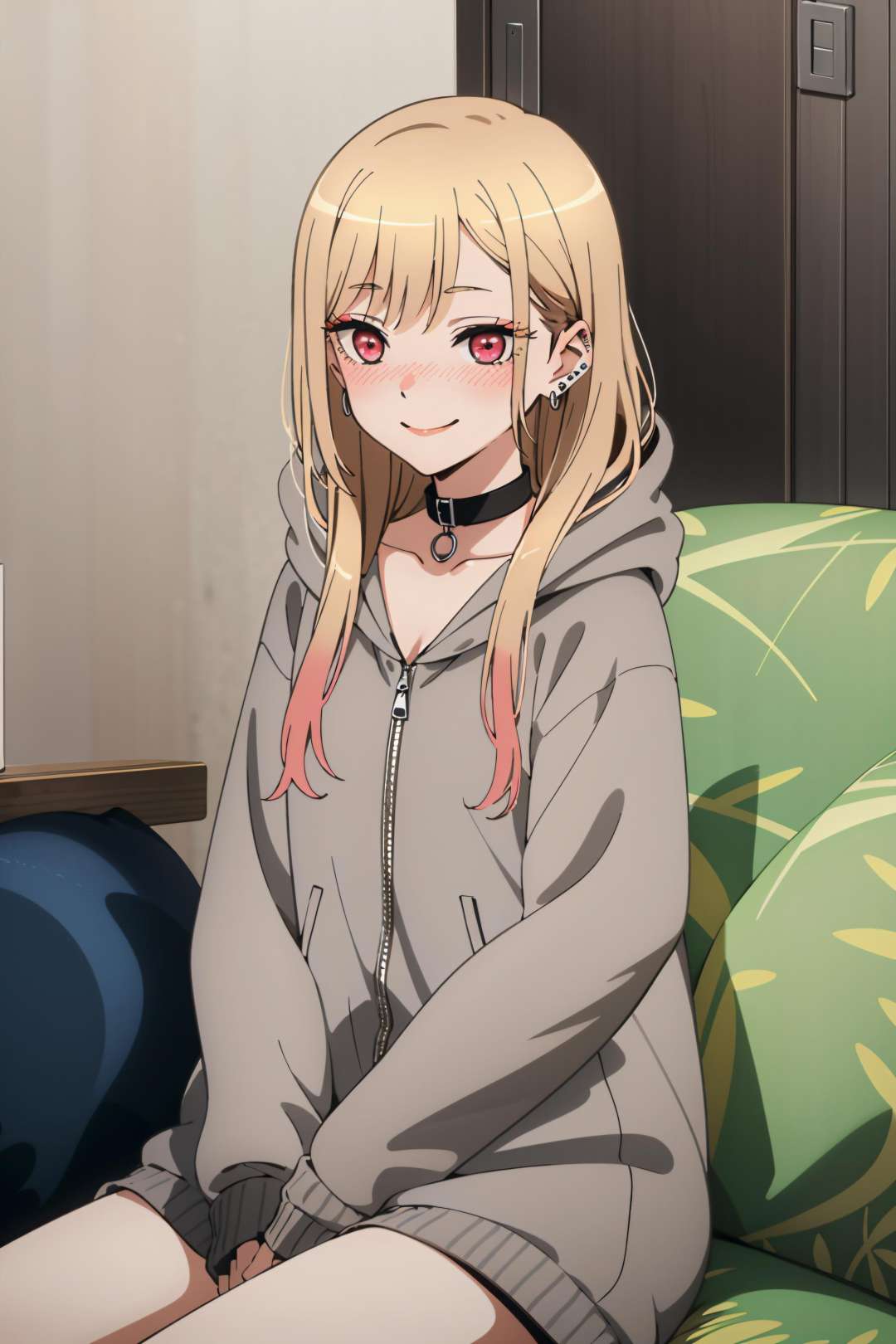 best quality, (masterpiece:1.2), detailed,<lora:chara_SonoBisqueDoll_KitagawaMarin_v1:0.8>, kitagawa marin sb,1girl, solo, closed mouth, smile, nose blush,long hair, blonde hair, red eyes, multicolored hair, earrings,black collar, grey hoodie, sleeves past wrists,sitting, looking at the viewer,indoors, couch