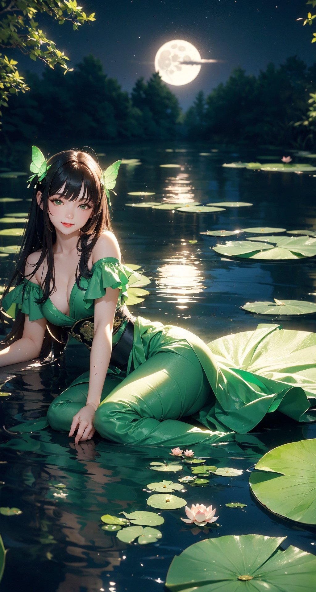 (green dress),(lotus pond),(lily pads),(lotus flowers:1.3),(butterfly:1.4), (paper fan), (floating leaves),(wind), (lying), (transparent water:1.1),(moonlight:1.3),(peaceful atmosphere:1.4), (wide shot),(from above),(green theme:1.2), She lying in the center of the lotus pond, holding a paper fan, head tilt, smile, smirk, glint, red lips, The girl wearing a beautiful Hanfu, perfectly matched with the surrounding scenery. The beautiful night, the moonlight reflected in the water, creating a calm atmosphere. From above, the viewer can see the lily pads and lotus flowers that surround her, there are mysterious light under water illuminating the fish swimming elegantly around her. Many blue butterflies dancing around the girl, The green theme dominates the scene, with shades of emerald and jade that highlight the natural beauty of the pond. The rippling water and moonlight add to the tranquil mood, making it the perfect spot for relaxation and reflection. , 