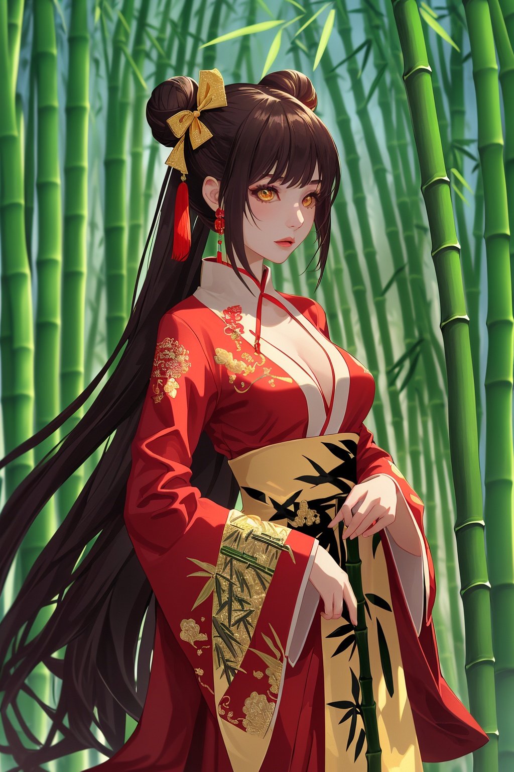 (Masterpiece), (best quality), (hyperfine), 1 girl, a Chinese assassin, dressed in red with intricate gold embroidery on collar and cuffs, long hair, double bun, bun, jewelry, long sleeves, yellow eyes, bows, necklaces, hair accessories, wide sleeves, red bows, tassels, animal prints, red ribbon, animals, very long hair, ((Bamboo forest)),
