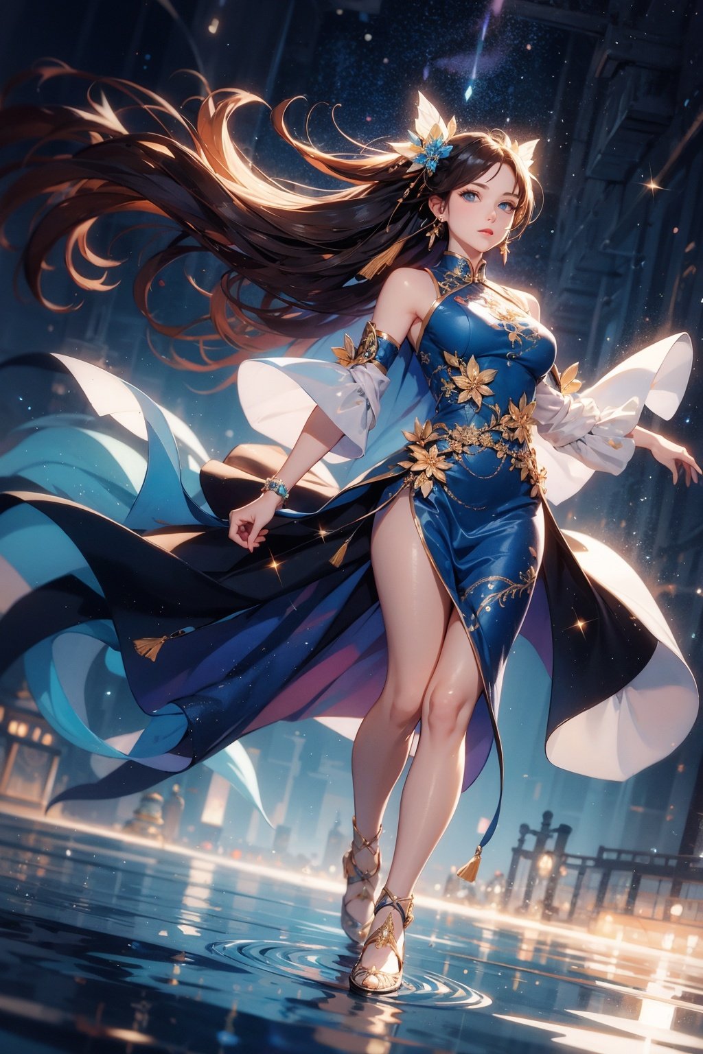 abstract background,(illustration:1),masterpiece,best quality,detailed face and eyes,1 girl,Standing, full body, looking up, starry sky, sideways, solo, wide-angle lens, water surface, reflection, on water,plit layers of water,beauty,Wind blowing hair,dynamic pose, jewelry, earrings,  blue eyes, hair ornament, chinese clothes,tassel earrings,shine eyes01