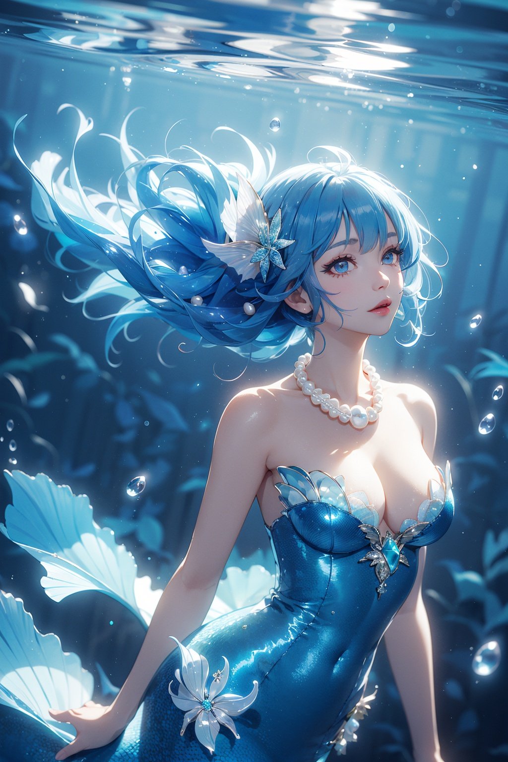 1girl, mermaid,  (blue hair, curly hair, floating hair), shell hair ornament, pearl hair ornament, pearl necklace, underwater,