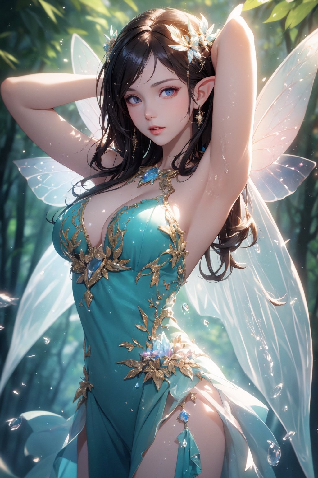 (masterpiece) , (best quality) , (reality: 1.3) , photorealistic, Octane rendering, (surreal: 1.2) , perfect features,Bathed in water to reveal a translucent dress, the features of a fairy, a translucent body, translucent hair, the element of water, the element that emerges around, the light blue effect, in the forest, the perfect appearance, his face flushed,( his hands behind his head and out of his armpits1.4),large breasts, (mature female), seelie \(genshin impact\), elf, fairy \(girls' frontline\), (fairy wings), Original, extremely detailed wallpaper, highly detailed illustrations, (1 Girl) ,(best lighting) , (super-complex details) , 4K unified, (super-detailed CG: 1.2) , (8K: 1.2)，