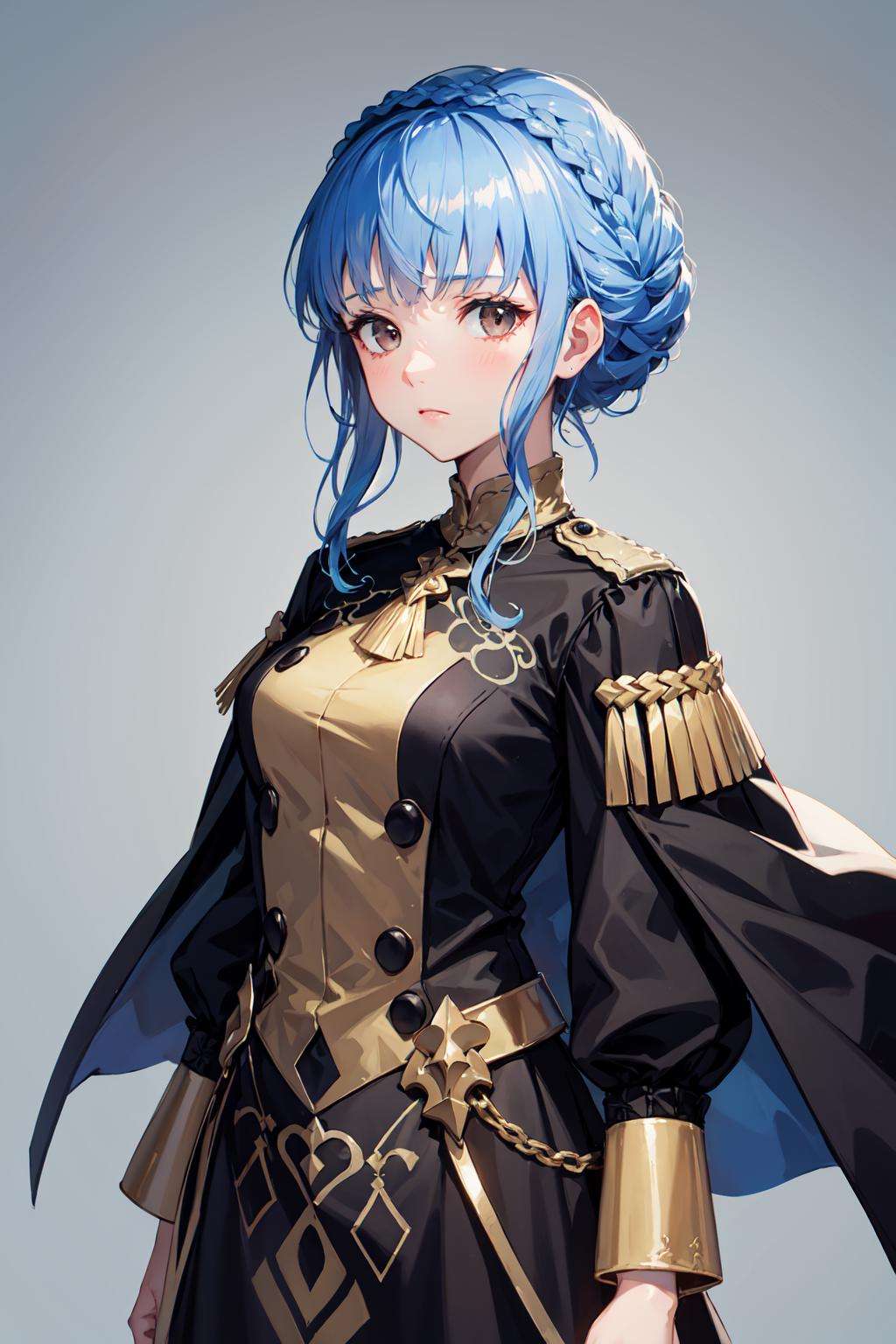 marianne_von_edmund, 1girl, blue hair, solo, braid, brown eyes, crown braid, long sleeves, garreg mach monastery uniform, simple background, expressionless, facing viewer <lora:marianne-03:1> standing, 