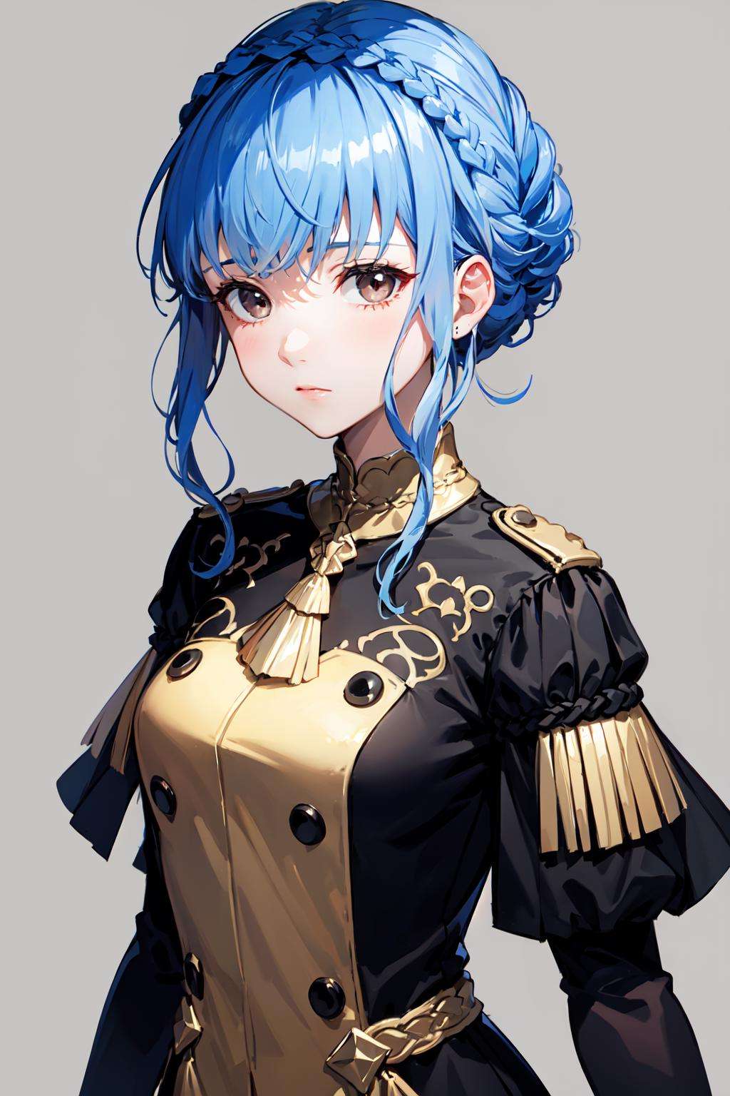 marianne_von_edmund, 1girl, blue hair, solo, braid, brown eyes, crown braid, long sleeves, garreg mach monastery uniform, simple background, expressionless, facing viewer <lora:marianne-03:1> 