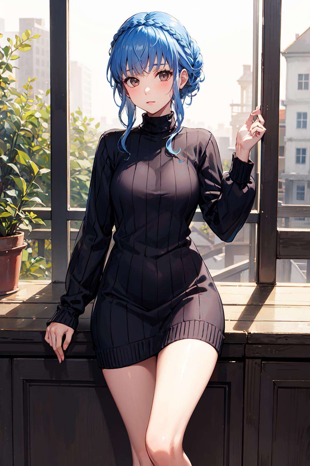 marianne_von_edmund, 1girl, blue hair, solo, braid, brown eyes, crown braid, <lora:marianne-03:1>  standing, sweater dress, sweater, thighs, sitting:1.5, 