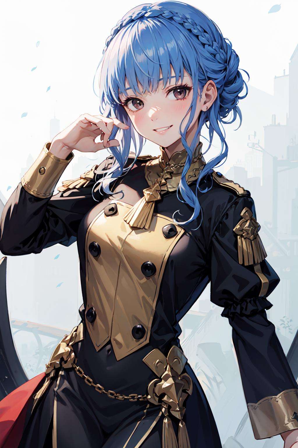 marianne_von_edmund, 1girl, blue hair, solo, braid, brown eyes, crown braid, long sleeves, garreg mach monastery uniform, simple background, expressionless, facing viewer <lora:marianne-03:1>  evil grin, evil face, hand on hip