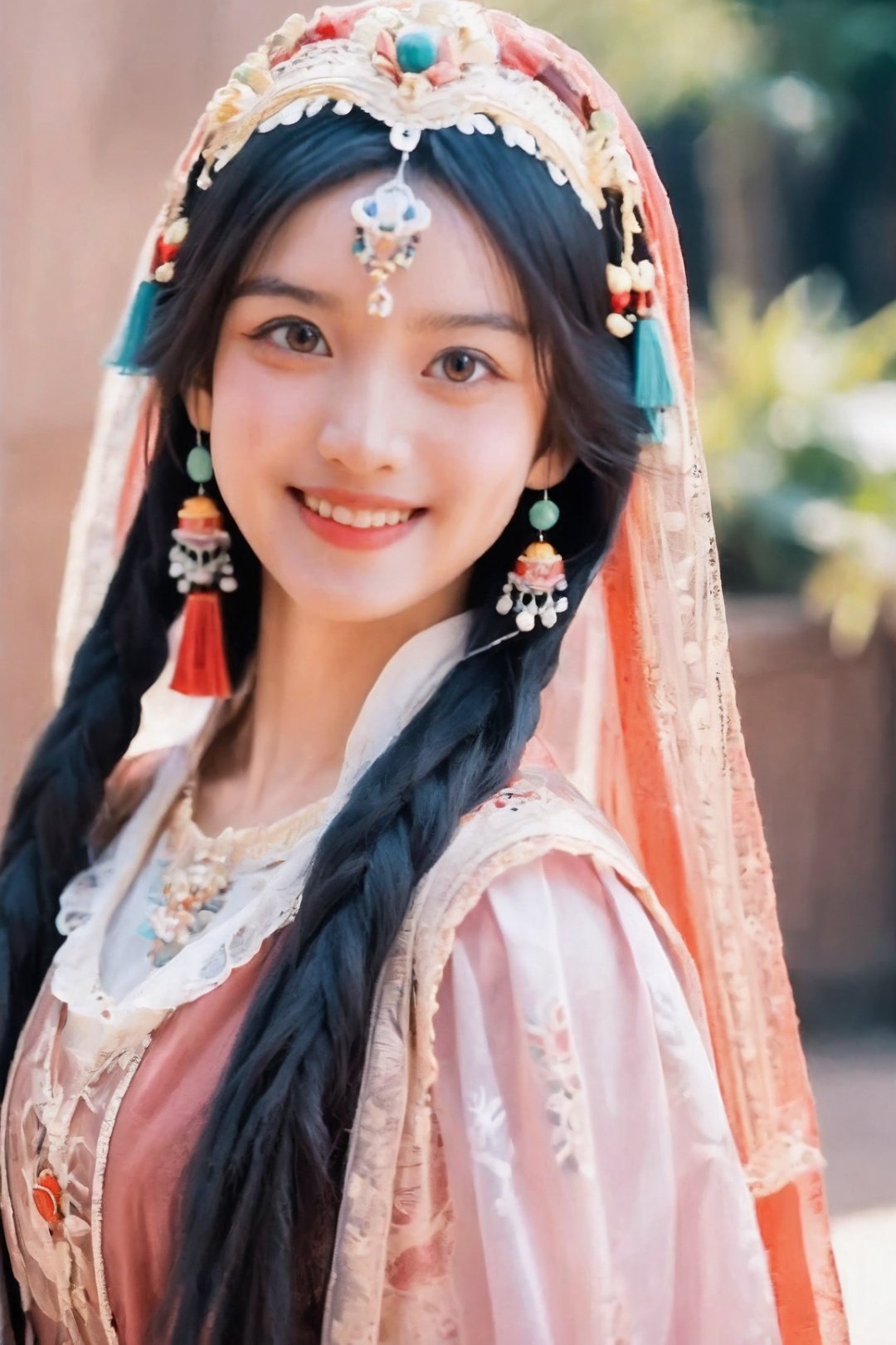 1girl, solo, long hair, looking at viewer,black hair, brown eyes, smile, realistic, zang clothes