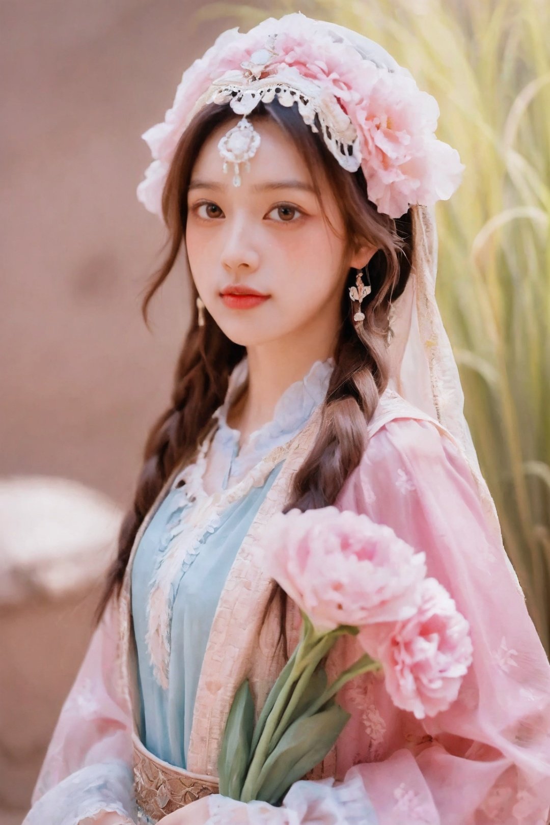 1girl, solo, long hair, looking at viewer, brown hair,brown eyes, upper body, flower, pink flower, realistic, zang clothes