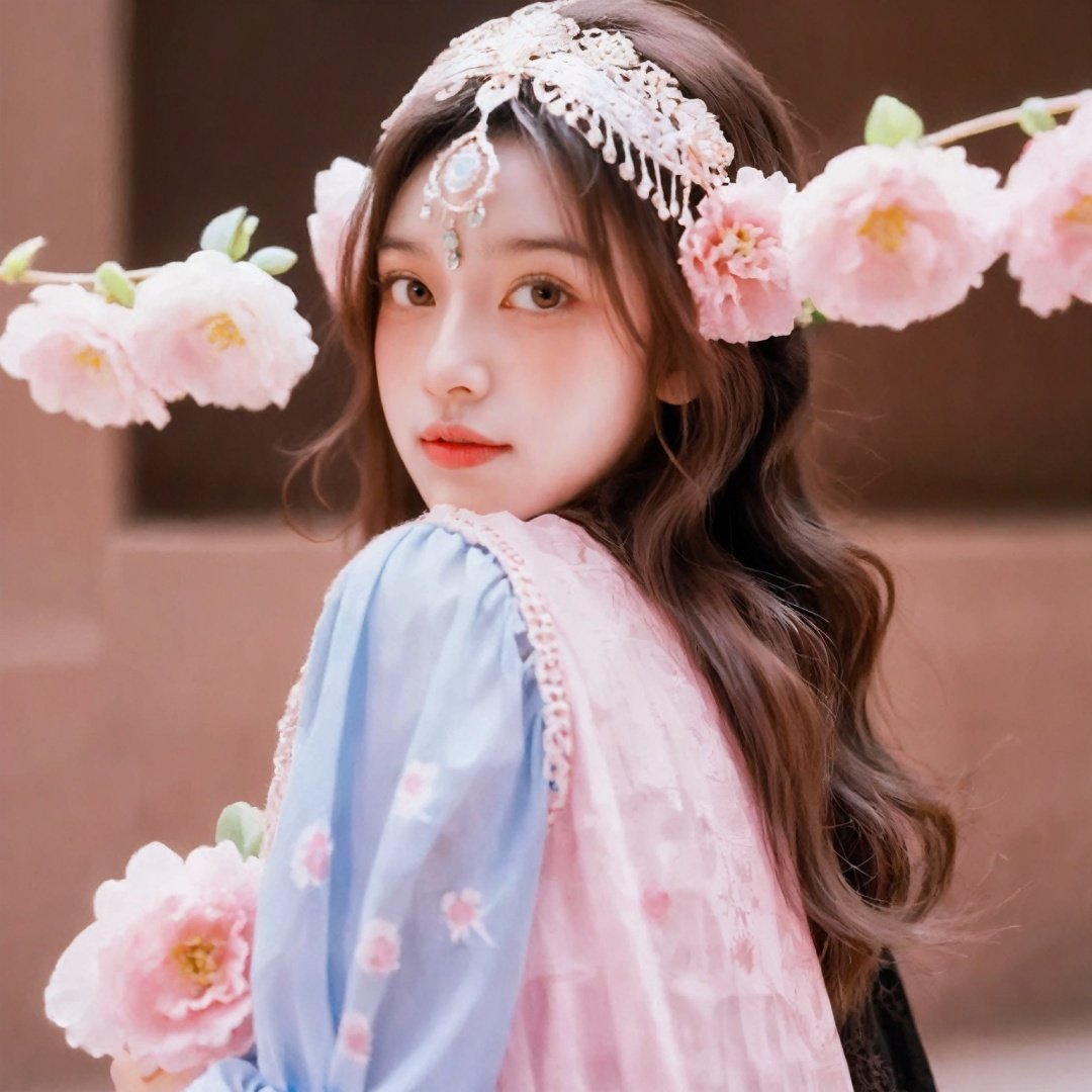 1girl, solo, long hair, looking at viewer, brown hair,brown eyes, upper body, flower, pink flower, realistic, zang clothes