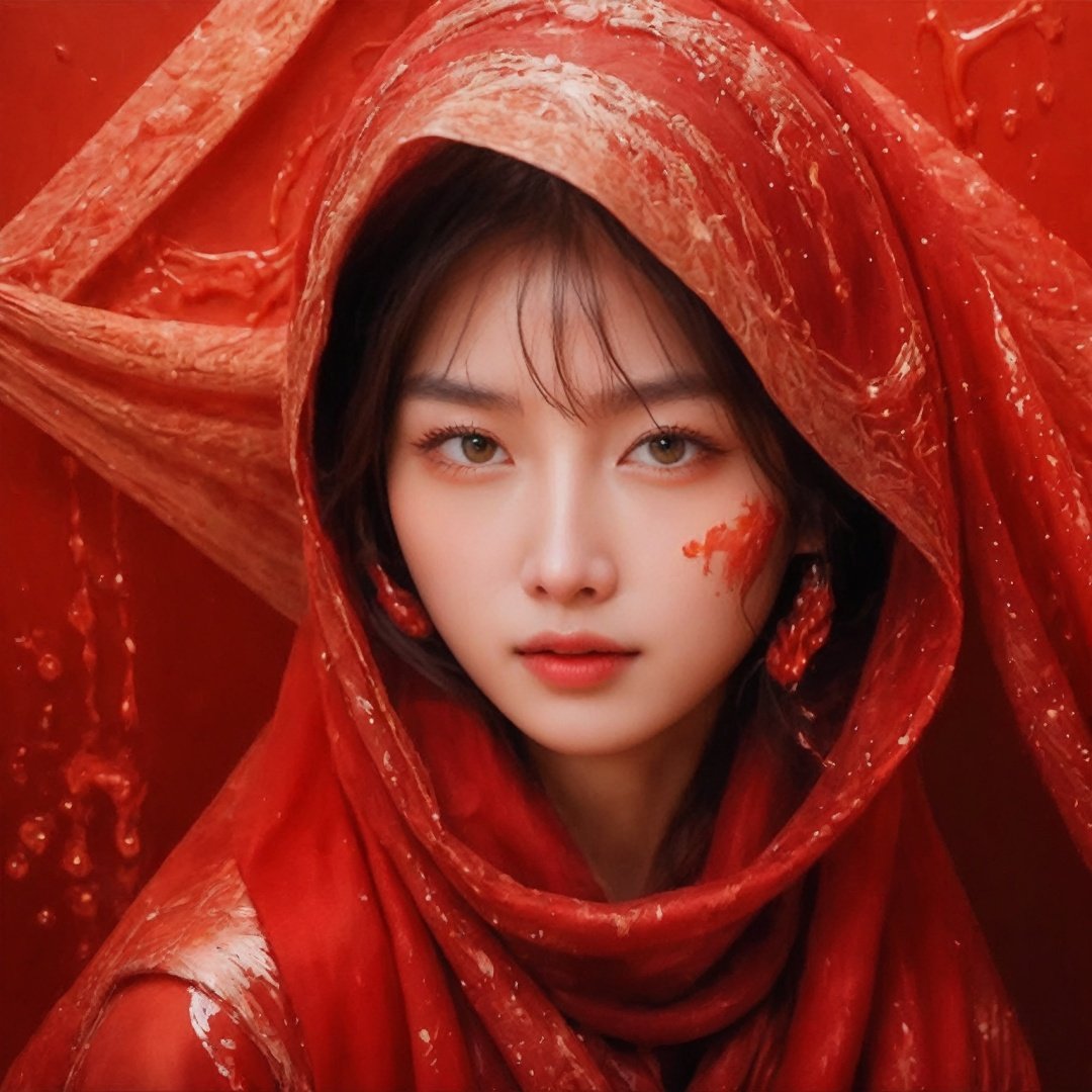  best quality, (realistic photograph), 25yo, mature Japanese woman, mysterious, looking at viewer, lying wrapped in red abstract fluid art, guangying on face