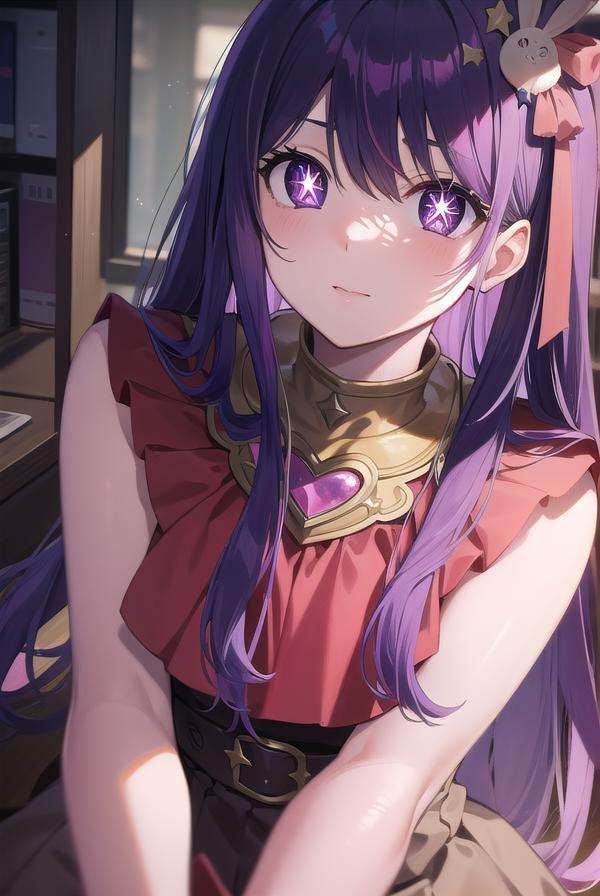 aihoshino, <lora:aihoshino-lora-nochekaiser:1>,ai hoshino, hair between eyes, hair ornament, hair ribbon, long hair, one side up, (purple eyes:1.1), purple hair, rabbit hair ornament, (star-shaped pupils:1.5), symbol-shaped pupils,BREAK belt, black belt, brooch, dress, pink dress, frilled dress, frilled gloves, frills, gloves, heart brooch, idol, idol clothes, jewelry, pink gloves, red ribbon, ribbon, turtleneck dress,BREAK looking at viewer,BREAK indoors,BREAK <lyco:GoodHands-beta2:1>, (masterpiece:1.2), best quality, high resolution, unity 8k wallpaper, (illustration:0.8), (beautiful detailed eyes:1.6), extremely detailed face, perfect lighting, extremely detailed CG, (perfect hands, perfect anatomy),