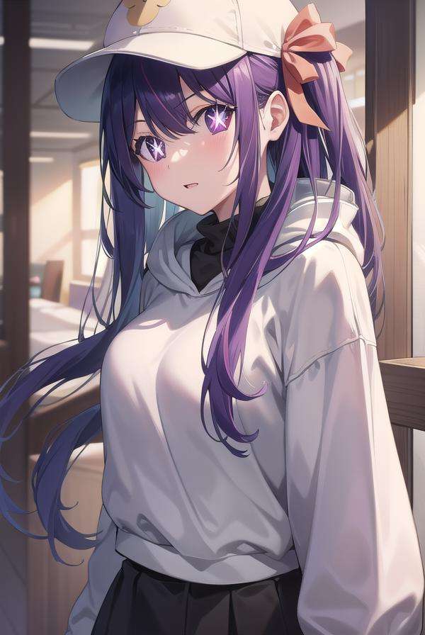 aihoshino, <lora:aihoshino-lora-nochekaiser:1>,ai hoshino, hair between eyes, hair ornament, hair ribbon, long hair, one side up, (purple eyes:1.1), purple hair, rabbit hair ornament, (star-shaped pupils:1.5), symbol-shaped pupils,BREAK baseball cap, hat, hood, hoodie, long sleeves, puffy sleeves, white hoodie,BREAK looking at viewer,BREAK indoors,BREAK <lyco:GoodHands-beta2:1>, (masterpiece:1.2), best quality, high resolution, unity 8k wallpaper, (illustration:0.8), (beautiful detailed eyes:1.6), extremely detailed face, perfect lighting, extremely detailed CG, (perfect hands, perfect anatomy),