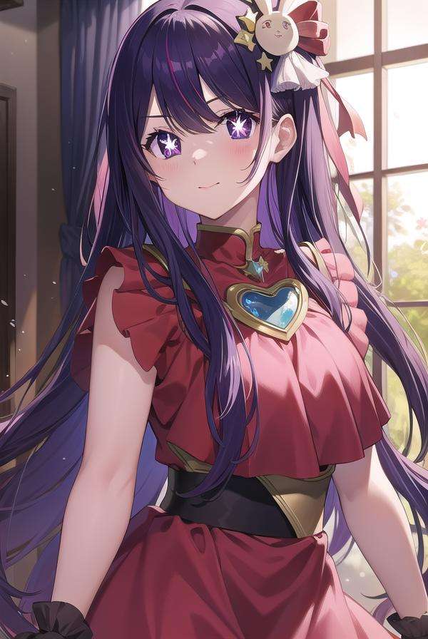 aihoshino, <lora:aihoshino-lora-nochekaiser:1>,ai hoshino, hair between eyes, hair ornament, hair ribbon, long hair, one side up, (purple eyes:1.1), purple hair, rabbit hair ornament, (star-shaped pupils:1.5), symbol-shaped pupils,BREAK belt, black belt, brooch, dress, pink dress, frilled dress, frilled gloves, frills, gloves, heart brooch, idol, idol clothes, jewelry, pink gloves, red ribbon, ribbon, turtleneck dress,BREAK looking at viewer,BREAK indoors,BREAK <lyco:GoodHands-beta2:1>, (masterpiece:1.2), best quality, high resolution, unity 8k wallpaper, (illustration:0.8), (beautiful detailed eyes:1.6), extremely detailed face, perfect lighting, extremely detailed CG, (perfect hands, perfect anatomy),