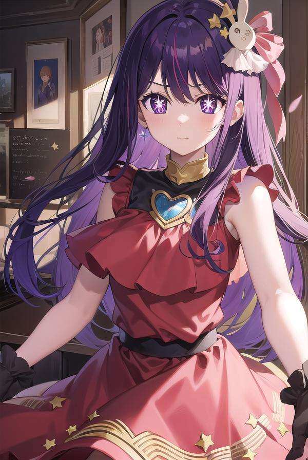 aihoshino, <lora:aihoshino-lora-nochekaiser:1>,ai hoshino, hair between eyes, hair ornament, hair ribbon, long hair, one side up, (purple eyes:1.1), purple hair, rabbit hair ornament, (star-shaped pupils:1.5), symbol-shaped pupils,BREAK belt, black belt, brooch, dress, pink dress, frilled dress, frilled gloves, frills, gloves, heart brooch, idol, idol clothes, jewelry, pink gloves, red ribbon, ribbon, turtleneck dress,BREAK looking at viewer,BREAK indoors,BREAK <lyco:GoodHands-beta2:1>, (masterpiece:1.2), best quality, high resolution, unity 8k wallpaper, (illustration:0.8), (beautiful detailed eyes:1.6), extremely detailed face, perfect lighting, extremely detailed CG, (perfect hands, perfect anatomy),