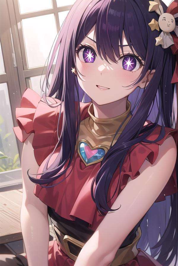 aihoshino, <lora:aihoshino-lora-nochekaiser:1>,ai hoshino, hair between eyes, hair ornament, hair ribbon, long hair, one side up, (purple eyes:1.1), purple hair, rabbit hair ornament, (star-shaped pupils:1.5), symbol-shaped pupils,BREAK belt, black belt, brooch, dress, pink dress, frilled dress, frilled gloves, frills, gloves, heart brooch, idol, idol clothes, jewelry, pink gloves, red ribbon, ribbon, turtleneck dress,BREAK looking at viewer,BREAK indoors,BREAK <lyco:GoodHands-beta2:1>, (masterpiece:1.2), best quality, high resolution, unity 8k wallpaper, (illustration:0.8), (beautiful detailed eyes:1.6), extremely detailed face, perfect lighting, extremely detailed CG, (perfect hands, perfect anatomy),