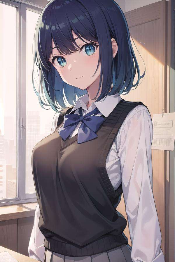 akanekurokawa, <lora:akanekurokawa-lora-nochekaiser:1>,akane kurokawa, aqua eyes, blue hair, medium hair, sidelocks,BREAK black sweater vest, blue bow, blue bowtie, bow, bowtie, collared shirt, long sleeves, puffy sleeves, school uniform, shirt, sweater vest, white shirt,BREAK looking at viewer,BREAK indoors, classroom,BREAK <lyco:GoodHands-beta2:1>, (masterpiece:1.2), best quality, high resolution, unity 8k wallpaper, (illustration:0.8), (beautiful detailed eyes:1.6), extremely detailed face, perfect lighting, extremely detailed CG, (perfect hands, perfect anatomy),