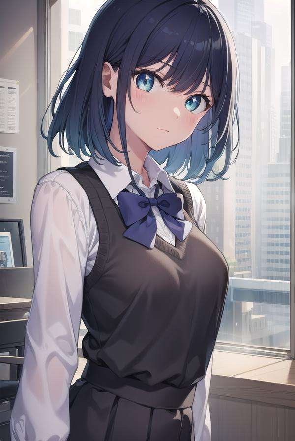 akanekurokawa, <lora:akanekurokawa-lora-nochekaiser:1>,akane kurokawa, aqua eyes, blue hair, medium hair, sidelocks,BREAK black sweater vest, blue bow, blue bowtie, bow, bowtie, collared shirt, long sleeves, puffy sleeves, school uniform, shirt, sweater vest, white shirt,BREAK looking at viewer,BREAK indoors, classroom,BREAK <lyco:GoodHands-beta2:1>, (masterpiece:1.2), best quality, high resolution, unity 8k wallpaper, (illustration:0.8), (beautiful detailed eyes:1.6), extremely detailed face, perfect lighting, extremely detailed CG, (perfect hands, perfect anatomy),