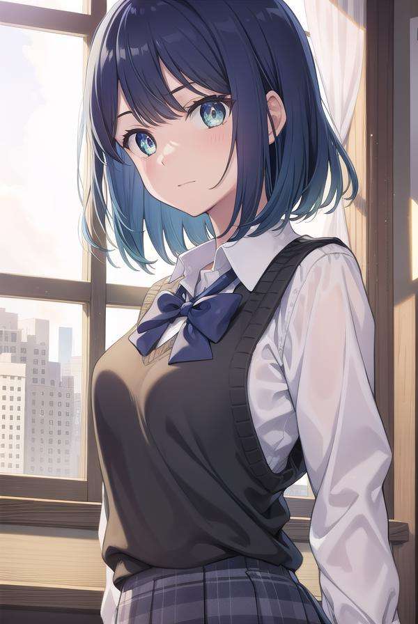 akanekurokawa, <lora:akanekurokawa-lora-nochekaiser:1>,akane kurokawa, aqua eyes, blue hair, medium hair, sidelocks,BREAK black sweater vest, blue bow, blue bowtie, bow, bowtie, collared shirt, long sleeves, puffy sleeves, school uniform, shirt, sweater vest, white shirt,BREAK looking at viewer,BREAK indoors, classroom,BREAK <lyco:GoodHands-beta2:1>, (masterpiece:1.2), best quality, high resolution, unity 8k wallpaper, (illustration:0.8), (beautiful detailed eyes:1.6), extremely detailed face, perfect lighting, extremely detailed CG, (perfect hands, perfect anatomy),