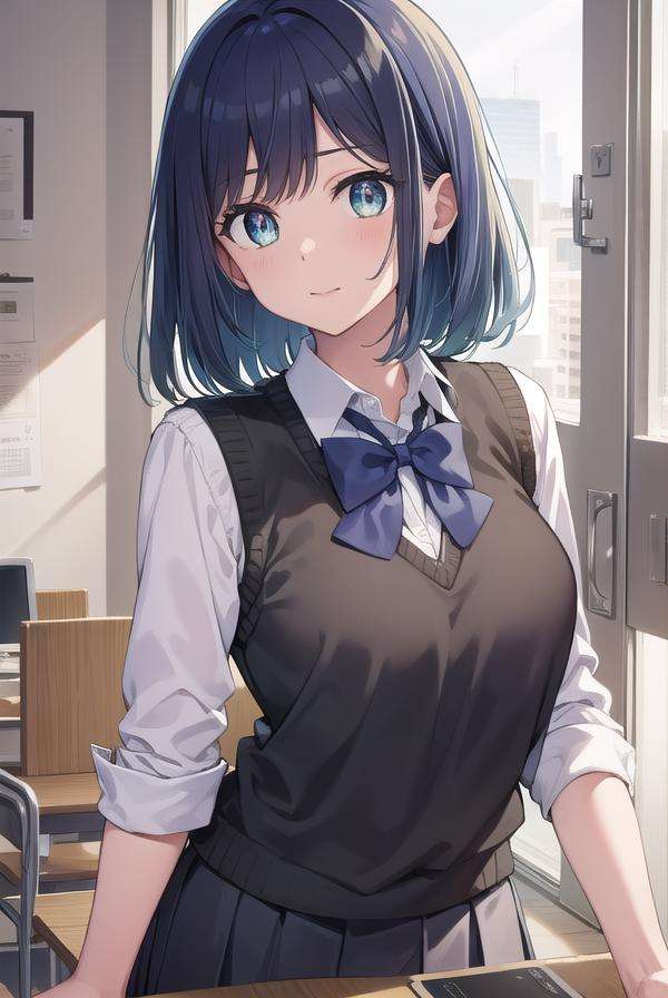 akanekurokawa, <lora:akanekurokawa-lora-nochekaiser:1>,akane kurokawa, aqua eyes, blue hair, medium hair, sidelocks,BREAK black sweater vest, blue bow, blue bowtie, bow, bowtie, collared shirt, long sleeves, puffy sleeves, school uniform, shirt, sweater vest, white shirt,BREAK looking at viewer,BREAK indoors, classroom,BREAK <lyco:GoodHands-beta2:1>, (masterpiece:1.2), best quality, high resolution, unity 8k wallpaper, (illustration:0.8), (beautiful detailed eyes:1.6), extremely detailed face, perfect lighting, extremely detailed CG, (perfect hands, perfect anatomy),