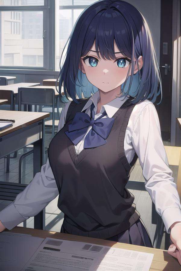 akanekurokawa, <lora:akanekurokawa-lora-nochekaiser:1>,akane kurokawa, aqua eyes, blue hair, medium hair, sidelocks,BREAK black sweater vest, blue bow, blue bowtie, bow, bowtie, collared shirt, long sleeves, puffy sleeves, school uniform, shirt, sweater vest, white shirt,BREAK looking at viewer,BREAK indoors, classroom,BREAK <lyco:GoodHands-beta2:1>, (masterpiece:1.2), best quality, high resolution, unity 8k wallpaper, (illustration:0.8), (beautiful detailed eyes:1.6), extremely detailed face, perfect lighting, extremely detailed CG, (perfect hands, perfect anatomy),