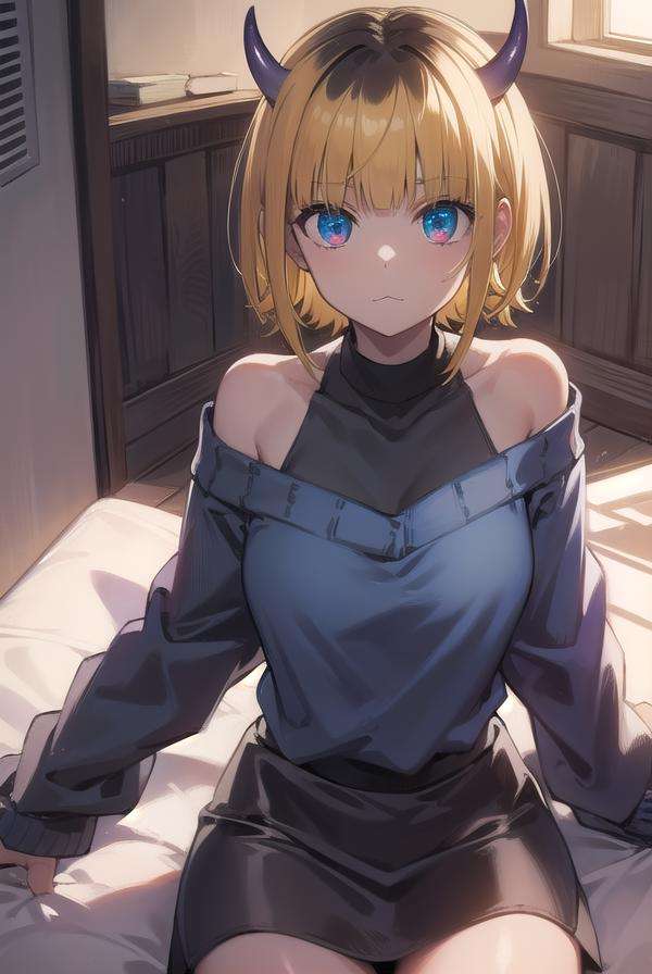 memcho, <lora:memcho-lora-nochekaiser:1>,memcho, blonde hair, blue eyes, blunt bangs, demon horns, fake horns, horns, short hair,BREAK bare shoulders, black skirt, (blue sweater:1.5), long sleeves, off shoulder, off-shoulder sweater, puffy sleeves, skirt, sweater, white ribbon,BREAK looking at viewer,BREAK indoors,BREAK <lyco:GoodHands-beta2:1>, (masterpiece:1.2), best quality, high resolution, unity 8k wallpaper, (illustration:0.8), (beautiful detailed eyes:1.6), extremely detailed face, perfect lighting, extremely detailed CG, (perfect hands, perfect anatomy),