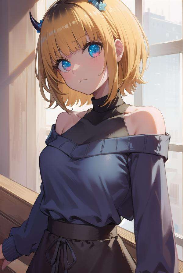 memcho, <lora:memcho-lora-nochekaiser:1>,memcho, blonde hair, blue eyes, blunt bangs, demon horns, fake horns, horns, short hair,BREAK bare shoulders, black skirt, (blue sweater:1.5), long sleeves, off shoulder, off-shoulder sweater, puffy sleeves, skirt, sweater, white ribbon,BREAK looking at viewer,BREAK indoors,BREAK <lyco:GoodHands-beta2:1>, (masterpiece:1.2), best quality, high resolution, unity 8k wallpaper, (illustration:0.8), (beautiful detailed eyes:1.6), extremely detailed face, perfect lighting, extremely detailed CG, (perfect hands, perfect anatomy),