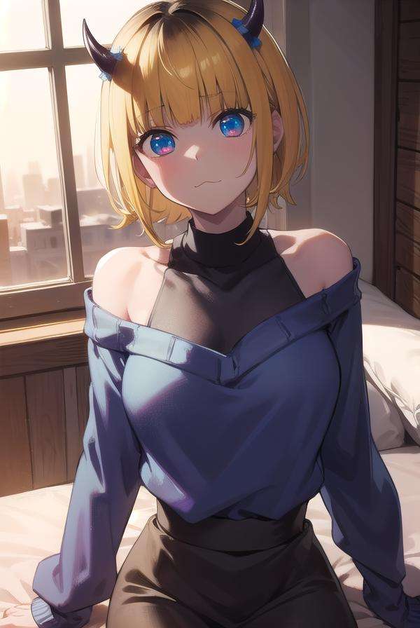 memcho, <lora:memcho-lora-nochekaiser:1>,memcho, blonde hair, blue eyes, blunt bangs, demon horns, fake horns, horns, short hair,BREAK bare shoulders, black skirt, (blue sweater:1.5), long sleeves, off shoulder, off-shoulder sweater, puffy sleeves, skirt, sweater, white ribbon,BREAK looking at viewer,BREAK indoors,BREAK <lyco:GoodHands-beta2:1>, (masterpiece:1.2), best quality, high resolution, unity 8k wallpaper, (illustration:0.8), (beautiful detailed eyes:1.6), extremely detailed face, perfect lighting, extremely detailed CG, (perfect hands, perfect anatomy),